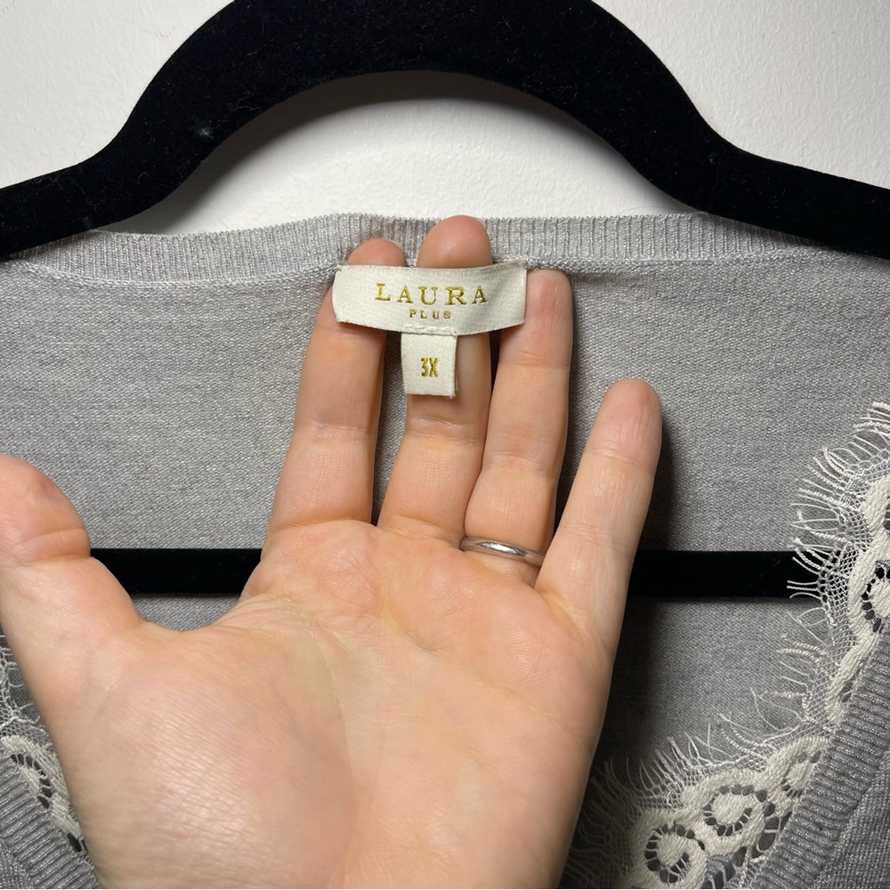 Laura Womens Grey Lace Trim V-Neck long balloon sleeve preppy knit sweater in 3X - Picture 4 of 8